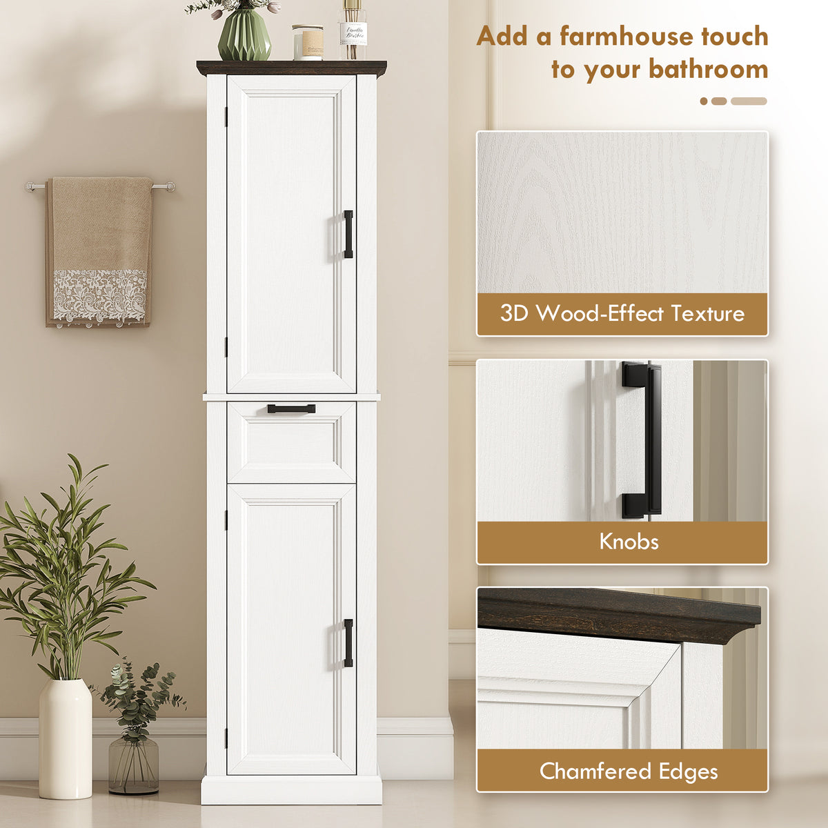 65" Tall Bathroom Storage Cabinet, Freestanding Farmhouse Slim Bathroom Cabinet with 2 Doors, Shelves and Drawer, White