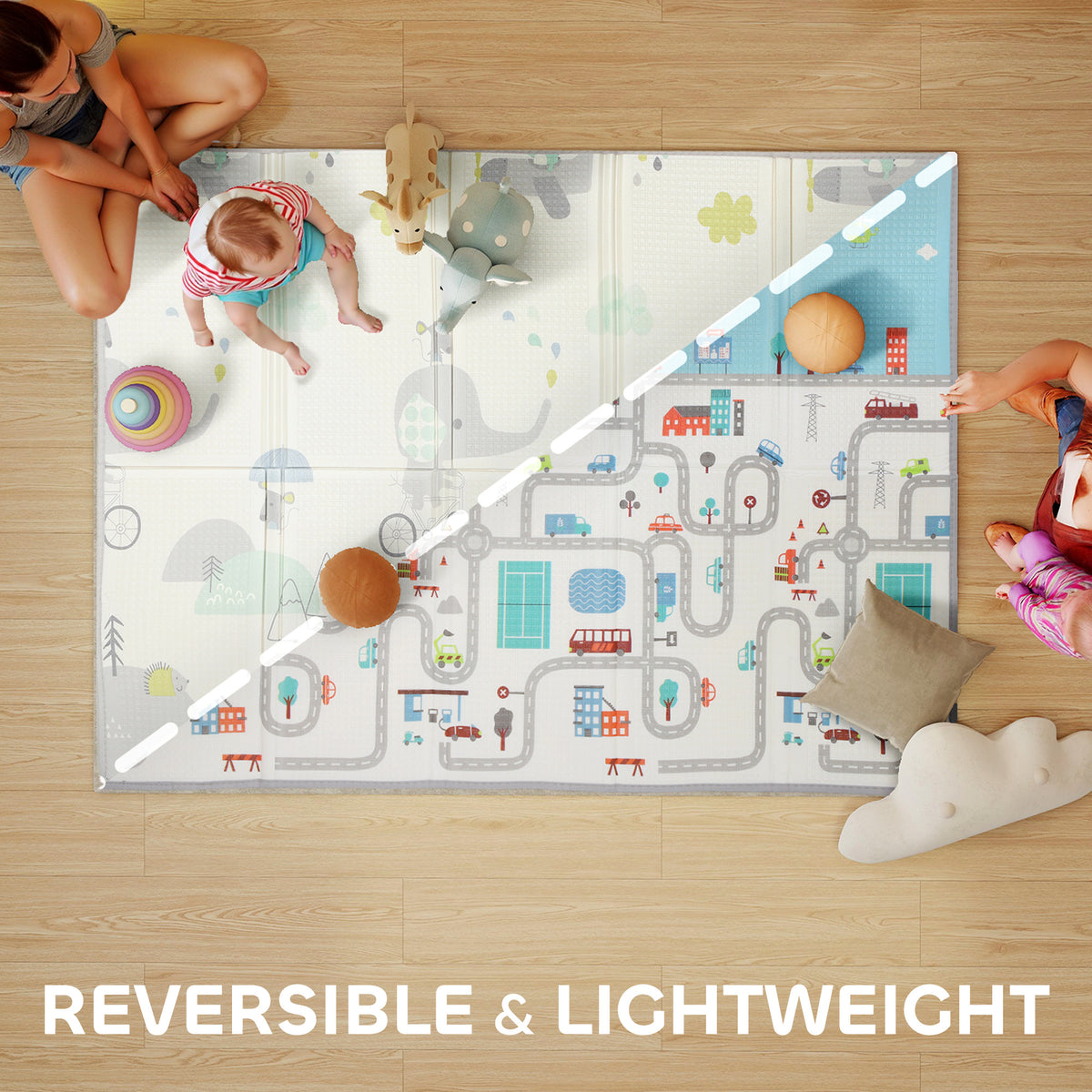 Qaba Foldable Baby Plat Mat, 79" x 59" Kids Floor Mat for Crawling and Learning, Track & Elephant Theme