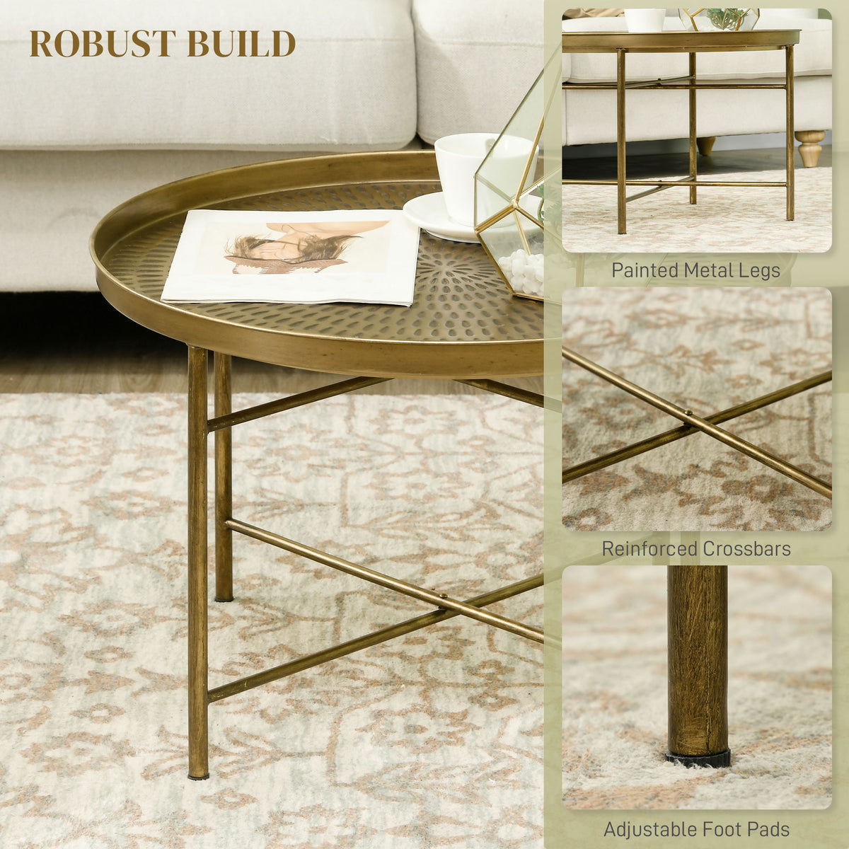 Vintage Coffee Table for Living Room, 24" Round Center Table with Hammered Tray Top and Metal Frame, Gold