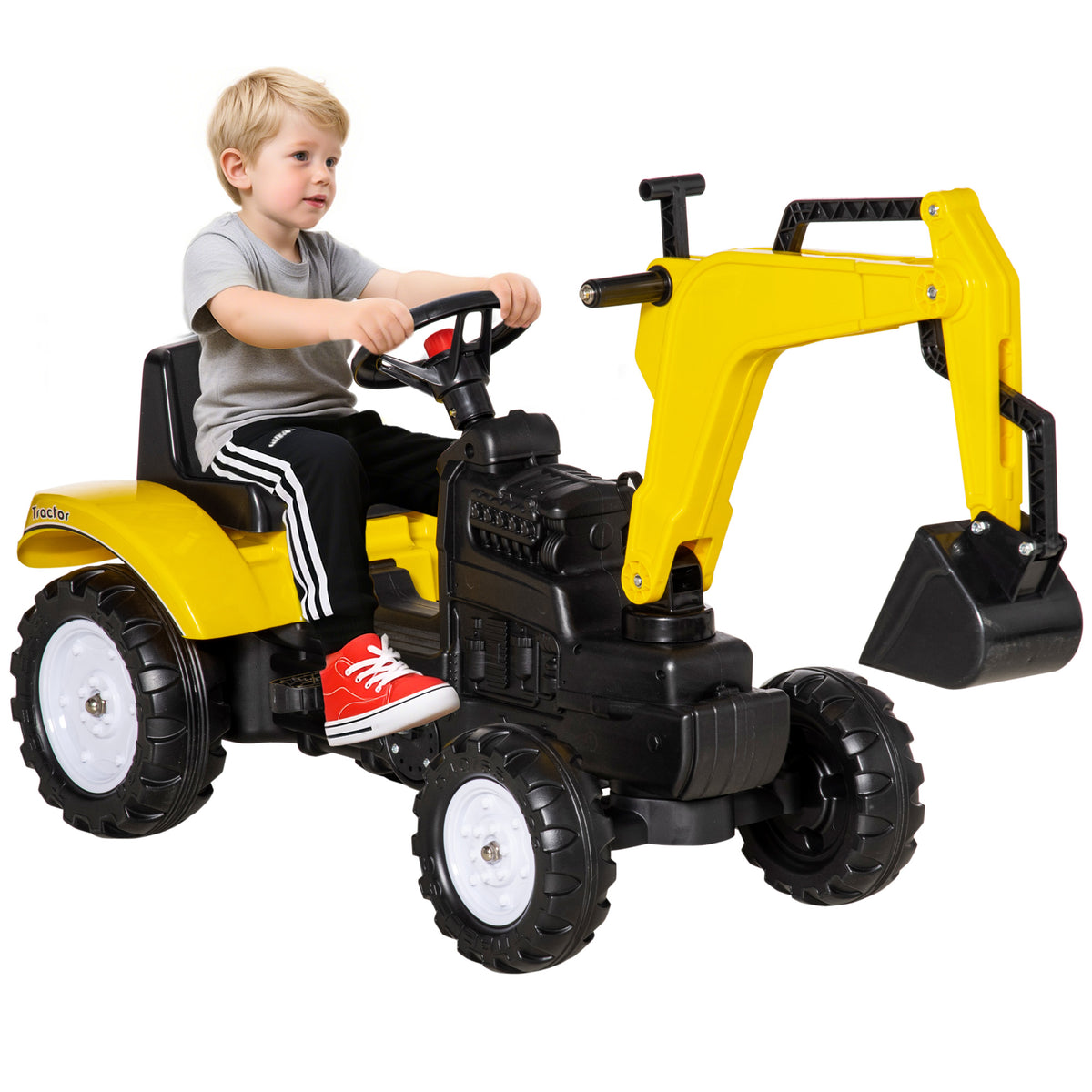 Aosom Ride on Tractor for Kids, Pedal Excavator Ride on Toy with Controllable Front Bucket for 3 Years Old, Yellow