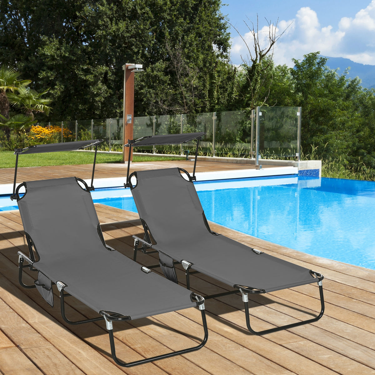 2 Piece Folding Outdoor Chaise Lounges, Pool Tanning Chairs with Reclining Back, Sunshade for Beach, Patio – view 7