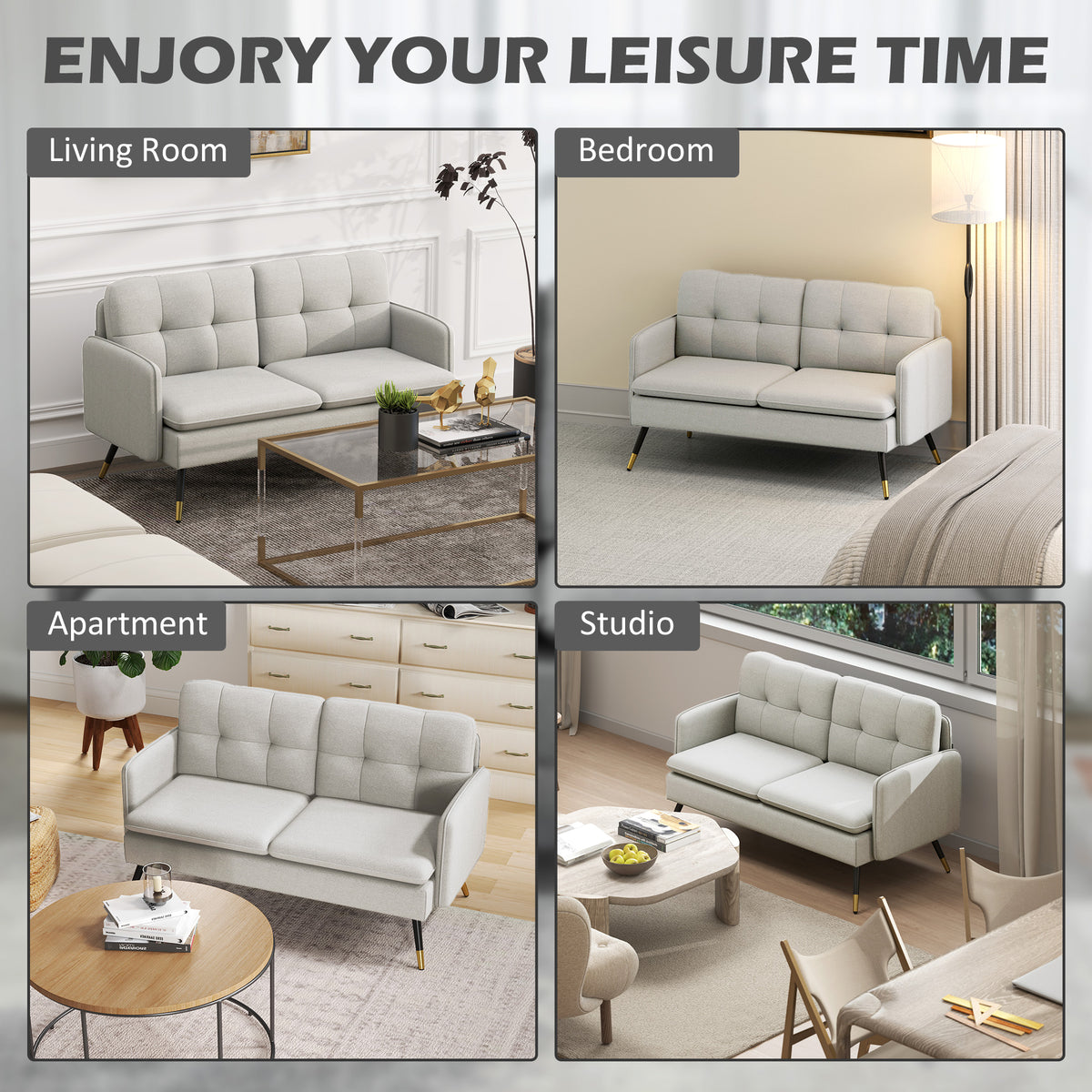 55" Loveseat Sofa, Linen Love Seat w/ S spring, Steel Legs and Button Tufting, Small Couch for Living Room – view 13