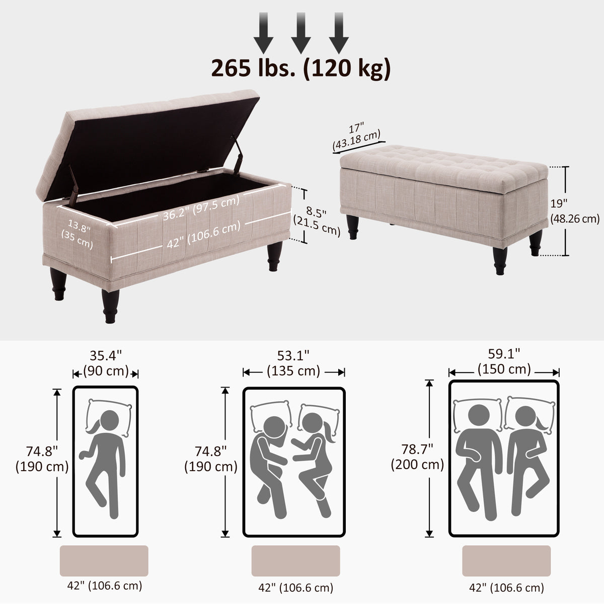 Storage Ottoman, Linen Fabric End of Bed Bench with Soft Close Lid – view 6
