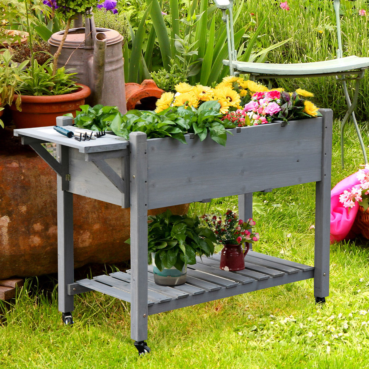 Raised Garden Bed with 8 Grids and Storage Shelf, Elevated Planter Box with Legs – view 14