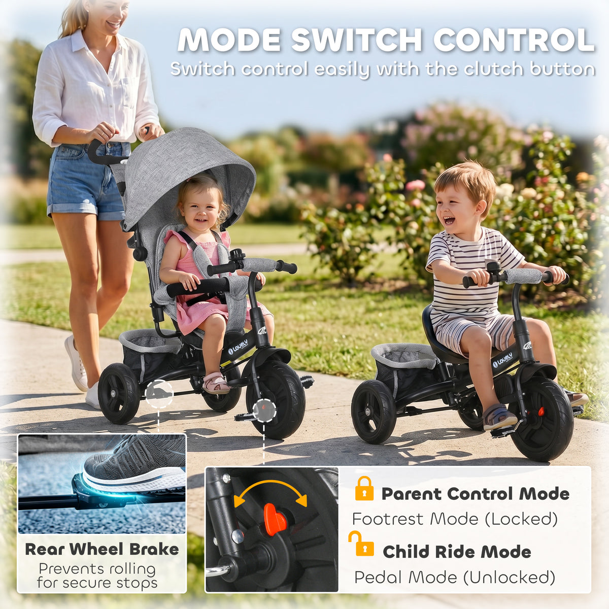 Qaba 6 in 1 Tricycle for Toddler 1-5 Years with Parent-Push Handle, Dark