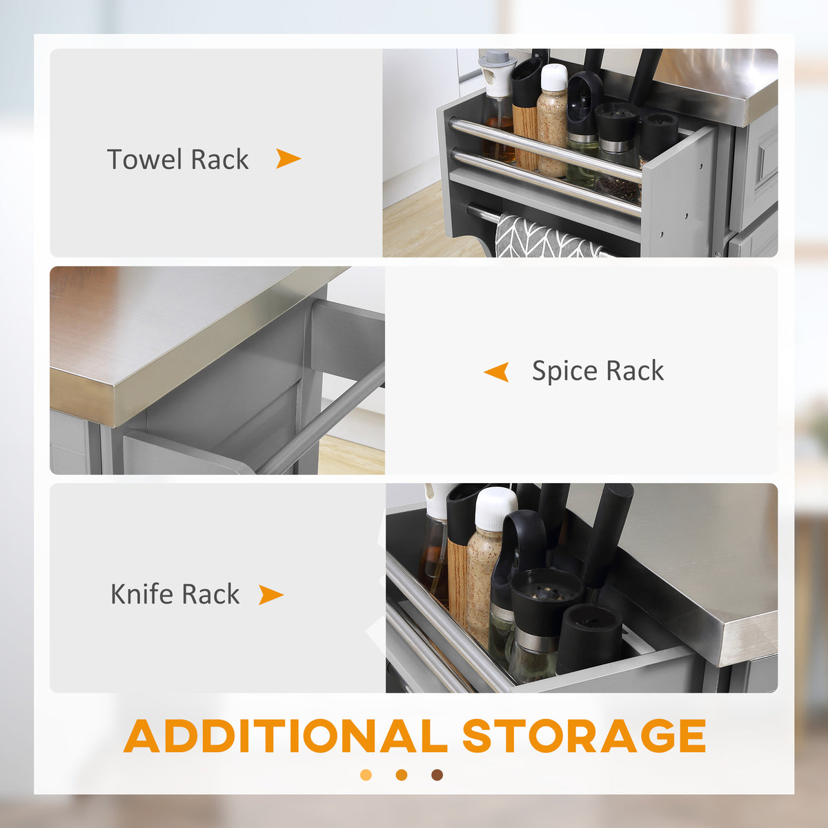 Stainless Steel Kitchen Island with Storage and Stainless Steel Top, Kitchen Trolley with Drawers – view 6