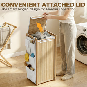 Bamboo Laundry Hamper with Removable Drawstring Bag and Side Storage Pockets, 20 Gal, Natural