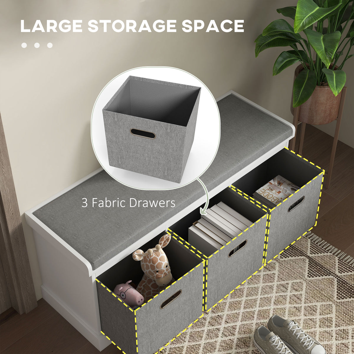 Shoe Storage Bench with Seat, Entryway Bench Seat with Cushion, 3 Fabric Drawers for Hallway, Dark Grey – view 18