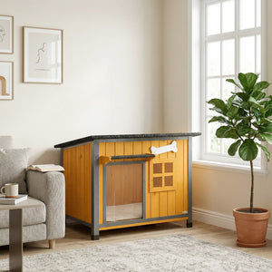 Outdoor Dog House with Anti-Chewing Steel Frame, Openable Roof, Removable Floor, Door Curtain, Yellow