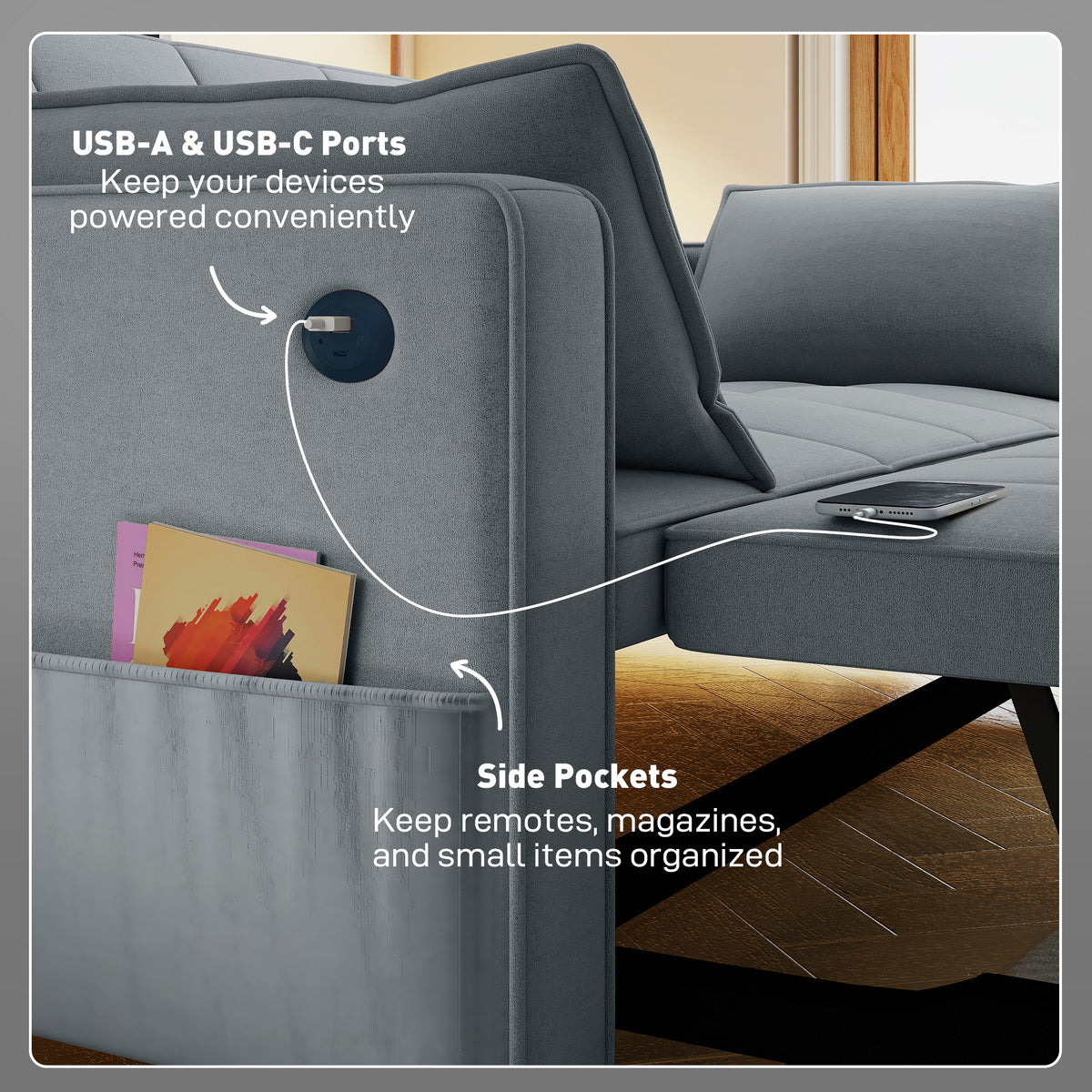 3‑in‑1 Convertible Sofa Bed, Pull Out Sleeper Sofa with USB Charging, Adjustable Backrest, Side Pockets – view 13