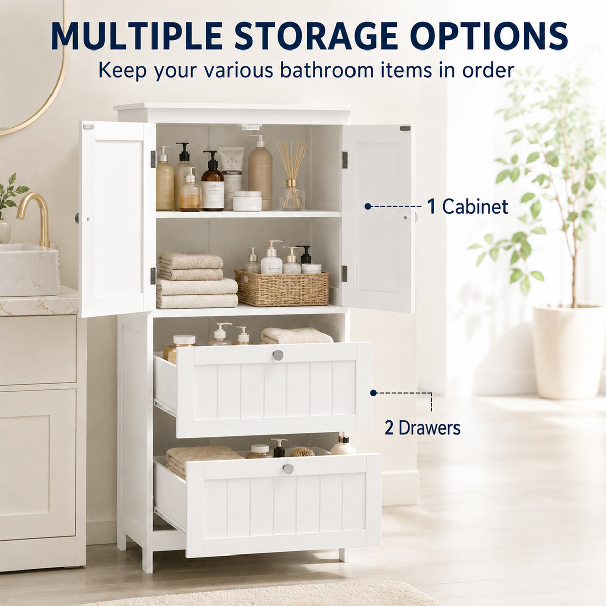 Bathroom Storage Cabinet, Narrow Bathroom Cabinet with  2 Drawers, Adjustable Shelf for Living Room, Entryway, White