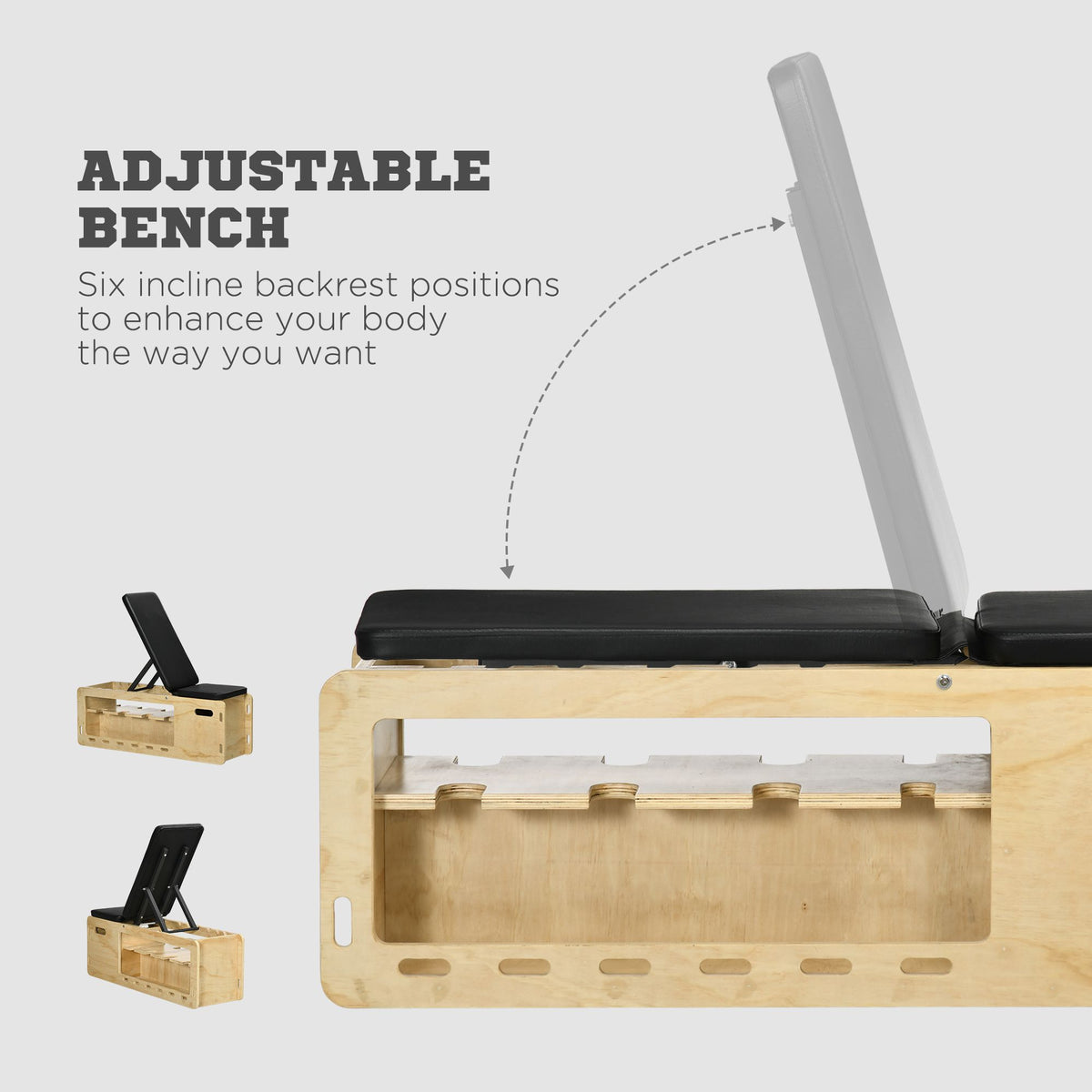 Soozier Wooden Workout Bench with Dumbbell Rack and Resistance Bands, Adjustable Incline Weight Bench for Home Gym