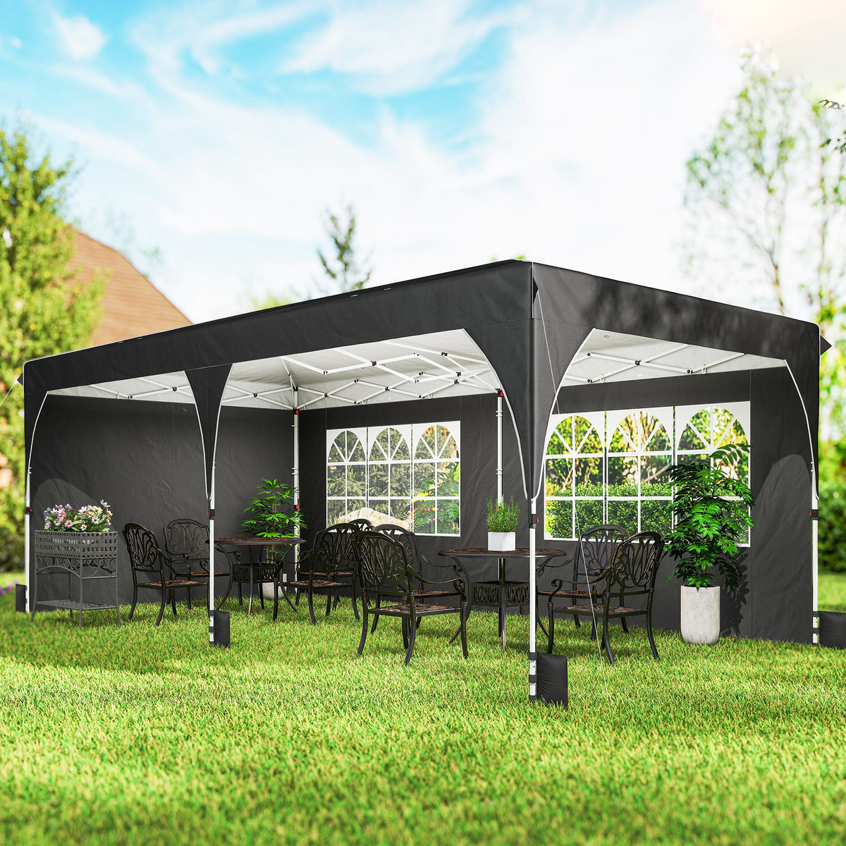 10 x 20 ft Pop Up Canopy Tent with Reflective Strips, UPF 50+ Easy up Instant Canopy with 6 Sandbags, Black