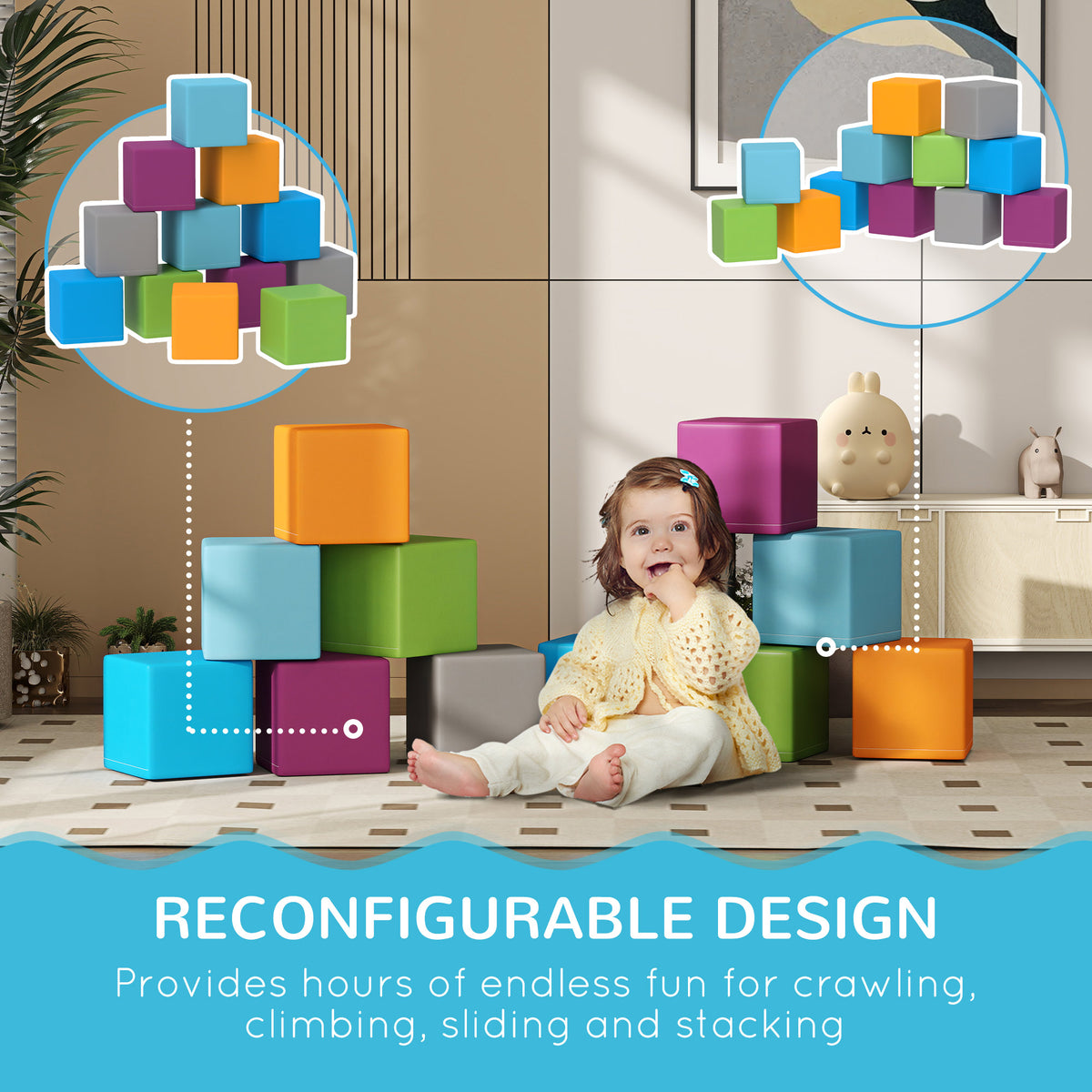 Soozier 12 Piece Soft Play Blocks Soft Foam Toy Building And Stacking Blocks - Multicolours