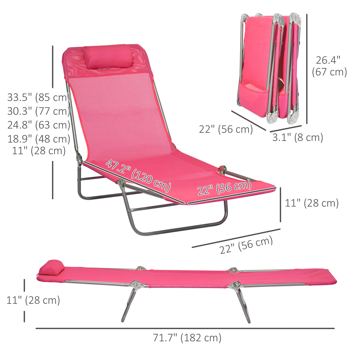 Set of 2 Folding Chaise Lounge Chairs, Outdoor Poolside Sun Tanning Chairs w/ Pillow, Reclining Backrest – view 23