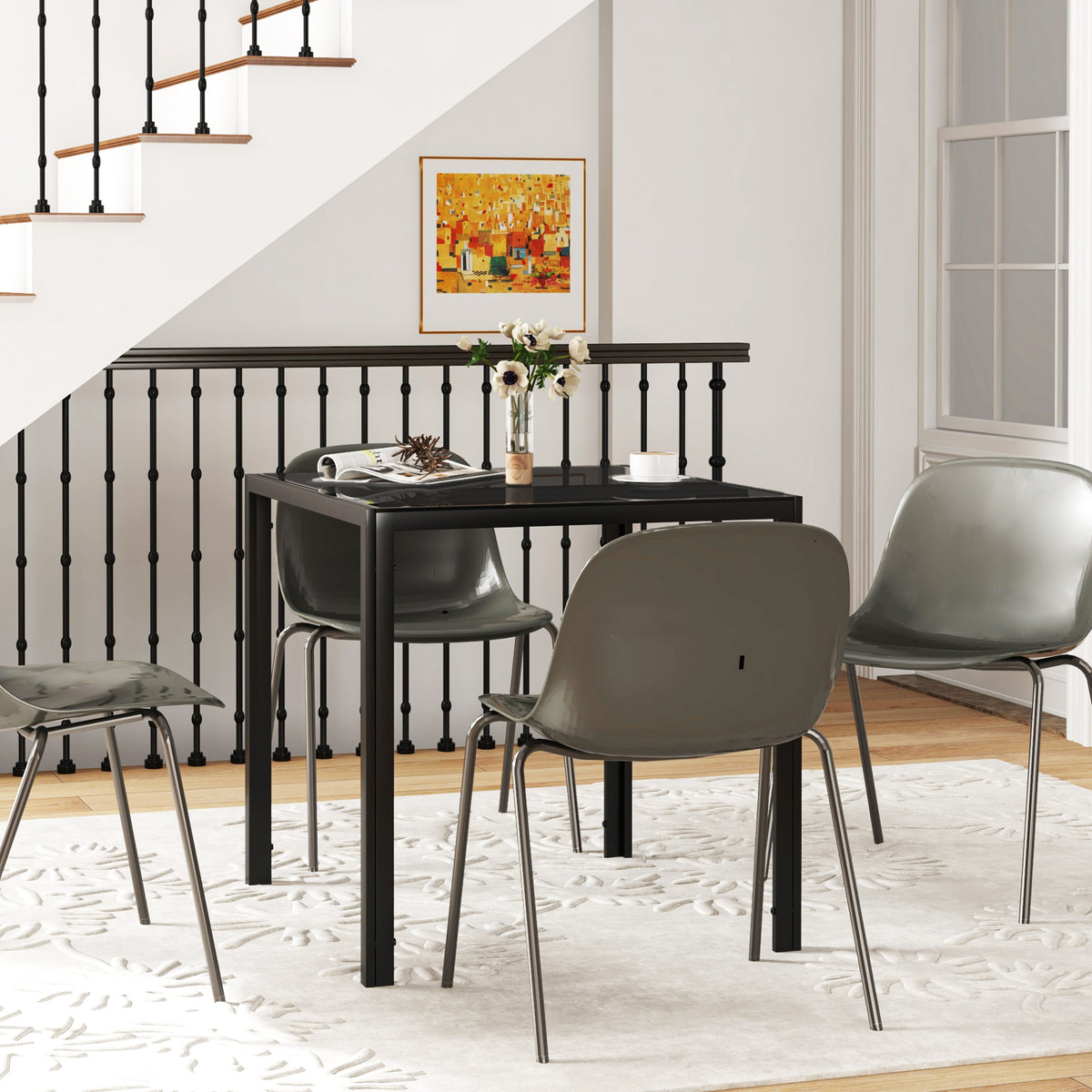 Square Kitchen Table for 2-4 People, Dining Table with Glass Top and Steel Legs for Dining Room, Black