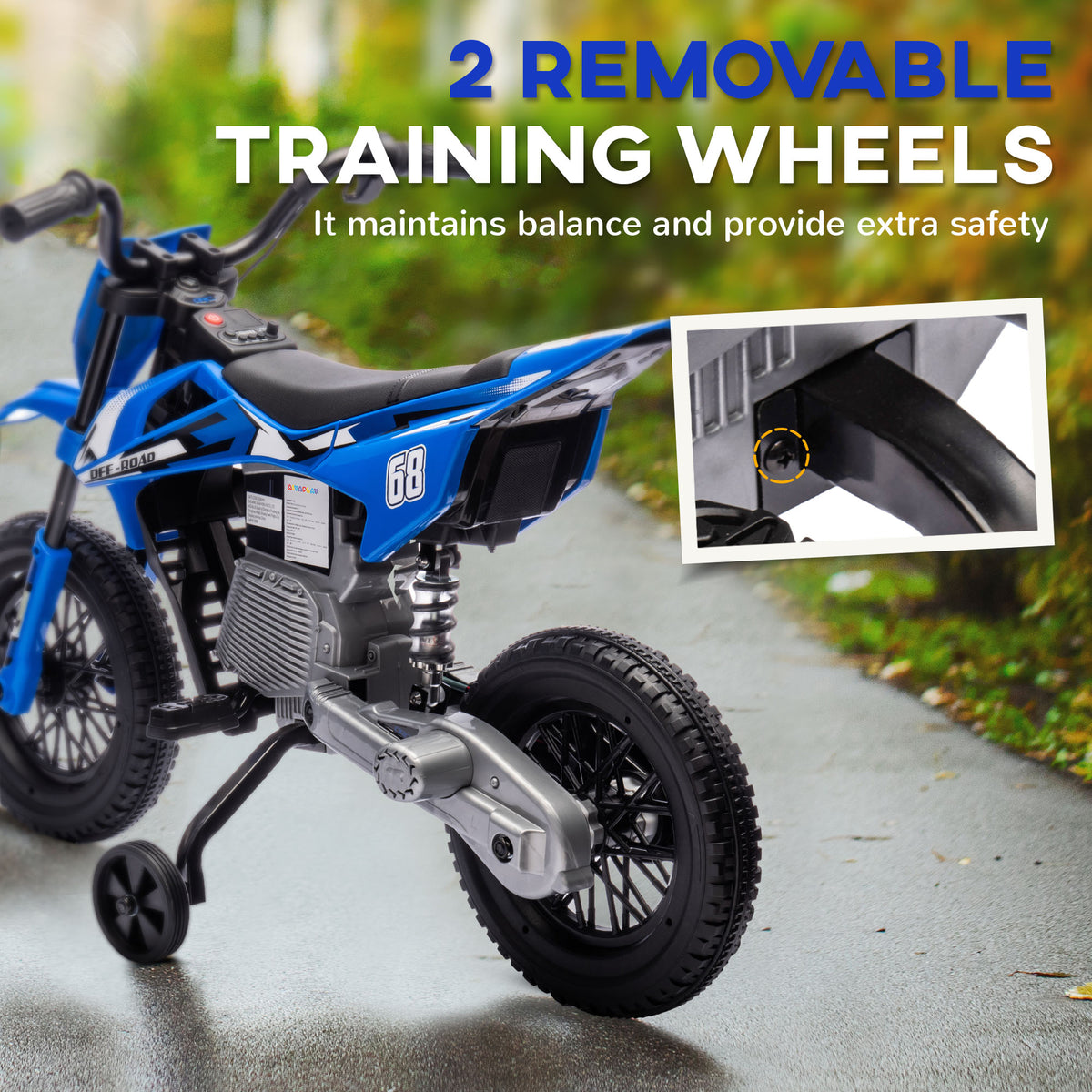 Qaba 12V Kids Dirt Bike, Electric Motorcycle with Twist Grip Throttle, Training Wheels, Rear Suspension & Music
