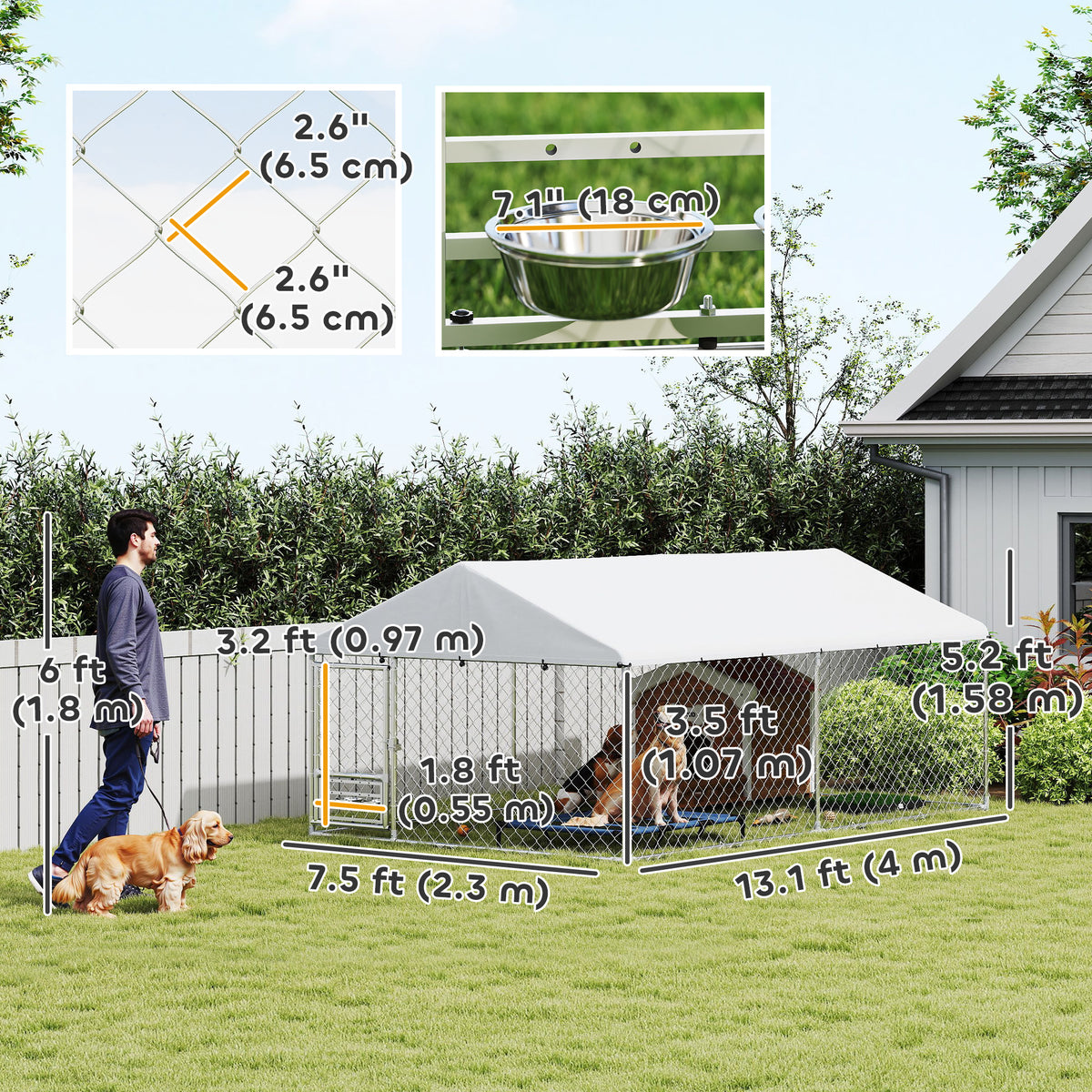Outdoor Dog Run w/ Adjustable & Rotating Bowls, Water-Resistant UV-Resistant Cover, Secure Lock, 6.6' x 6.6' x 5.1'