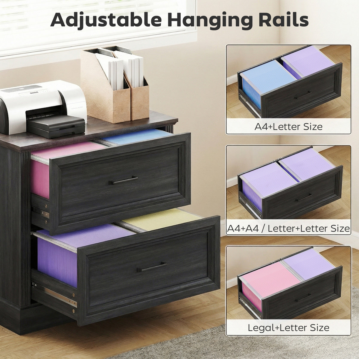 Lateral Filing Cabinet, Farmhouse File Cabinet with 2 Silent Drawers for Letter/A4/Legal Size Files, Black – view 4