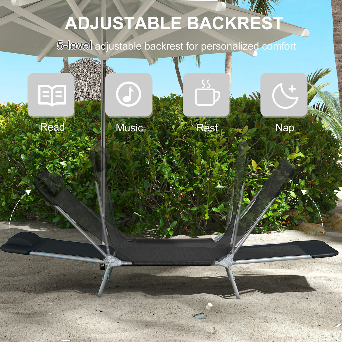 Folding Outdoor Lounge Chair Set of 2, Reclining Tanning Chair with 5-Position Adjustable Backrest, Black – view 7
