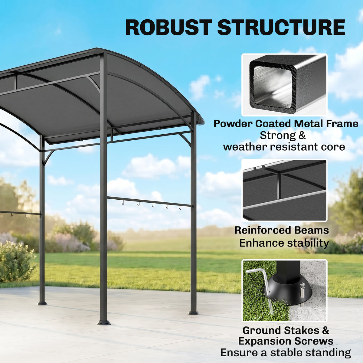 7' x 5' BBQ Grill Gazebo Tent, Garden Grill Canopy with Steel Frame and Hooks, Outdoor Sun Shade, Grey – view 40