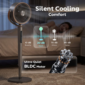 20dB Silent Standing Fan, Oscillating Fan with 12 Speeds, LED Light, WiFi & Remote Control, 12H Timer