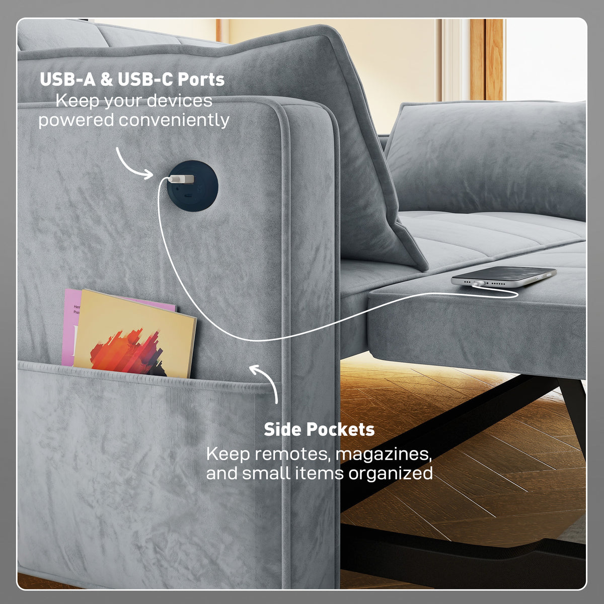 3‑in‑1 Convertible Sofa Bed, Pull Out Sleeper Sofa with USB Charging, Adjustable Backrest, Side Pockets – view 20