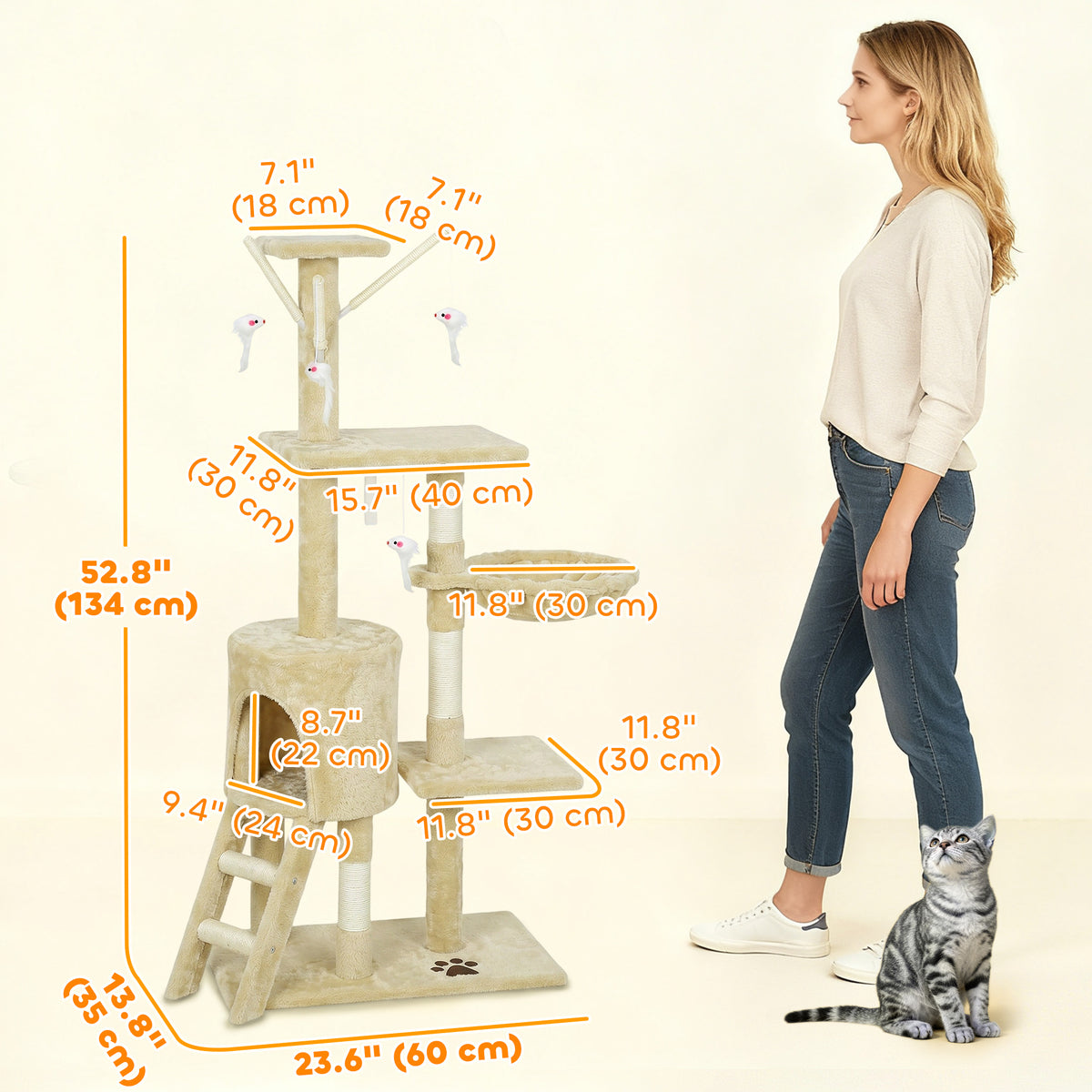 53" Cat Tree Tower, Kitten Activity Centre with Scratching Posts, Condo, Perches, Ladder, Hammock – view 9