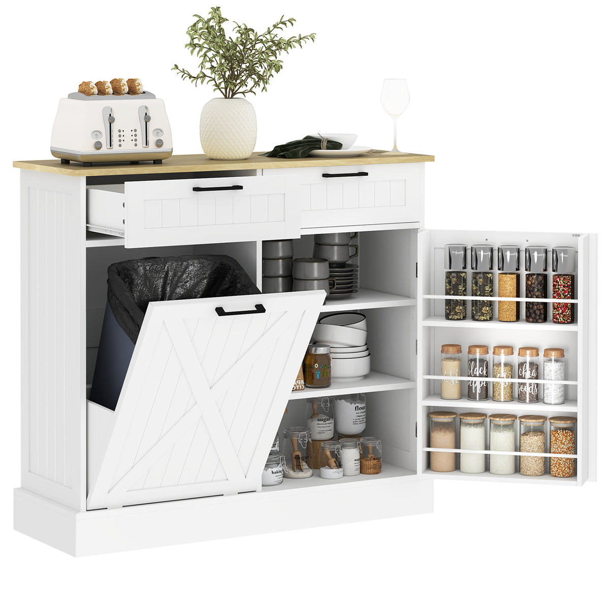 10 Gallon Hidden Garbage Bin Cabinet, Tilt Out Trash Cabinet w/ 2 Drawers, Freestanding Kitchen Island – view 8