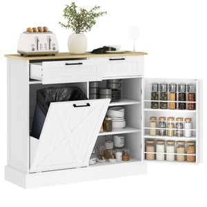 10 Gallon Hidden Garbage Bin Cabinet, Tilt Out Trash Cabinet w/ 2 Drawers, Freestanding Kitchen Island – view 8