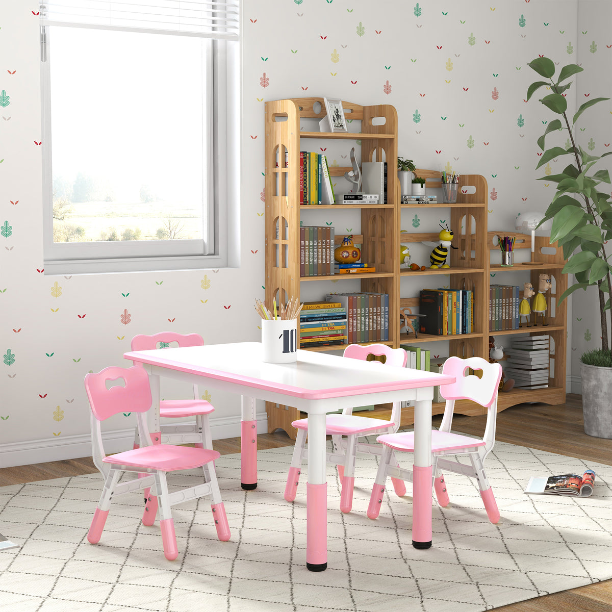 Qaba Kids Table and Chair Set with 4 Chairs, Adjustable Height, Easy to Clean, for 1.5 - 8 Years Old