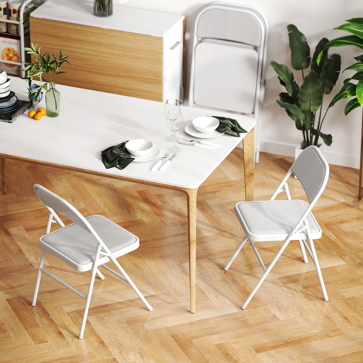 Set of 4 Metal Foldable Chairs, Corduroy Padded Folding Chairs with Cushion Seat and Open Back for Indoor, White