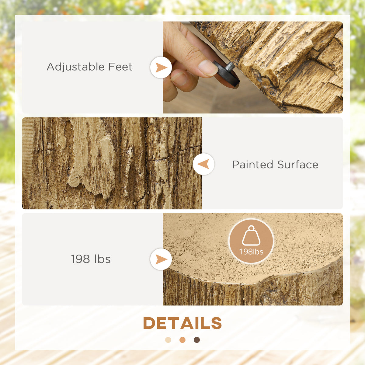 Concrete Finish Side Table, Lightweight Accent Table, 17" Patio Tree Stump End Table with 4 Adjustable Feet for Indoor, Outdoor, Natural Brown