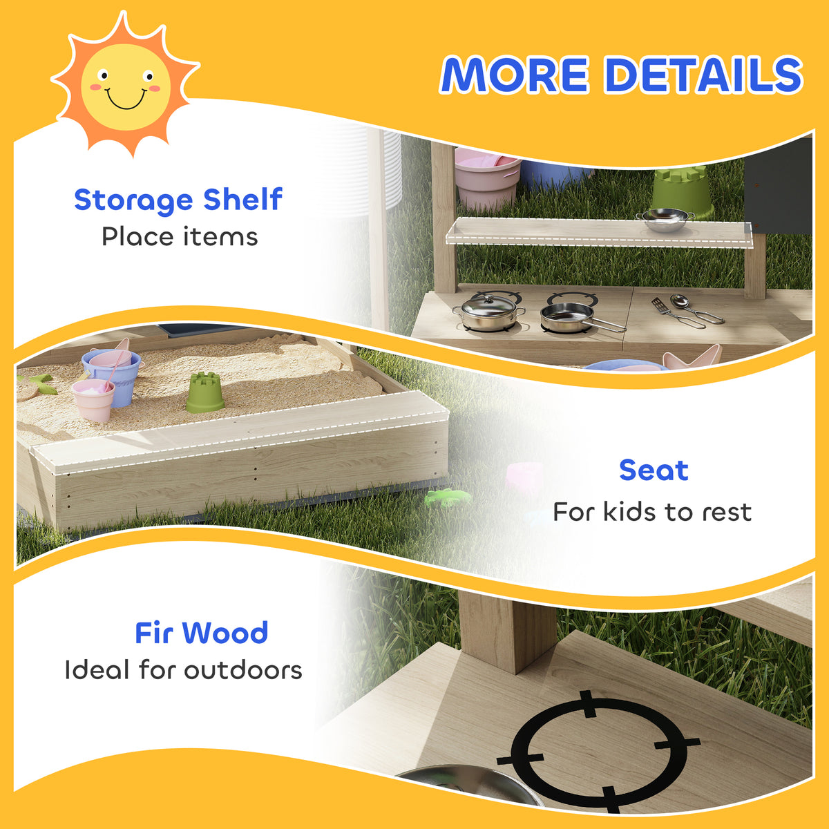 Kids Sandbox with Cover Kitchen Playset Toys, Wooden Sand Box with Seat, Storage, for 3-7 Years Old, Grey – view 13