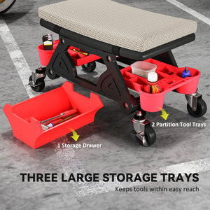 Rolling Garage Stool with Wheels, 300 LBS Capacity Padded Mechanic Stool with Tool Trays Storage, Grey
