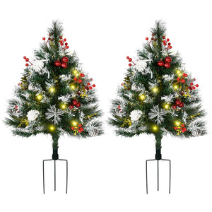 2 Foot/23 inch 2 Pack Prelit Artificial Christmas Tree Cordless with 70 Branches, Warm White LED lights, Red Berries, Pine Cones, Balls, for Outdoor Entryway, Green