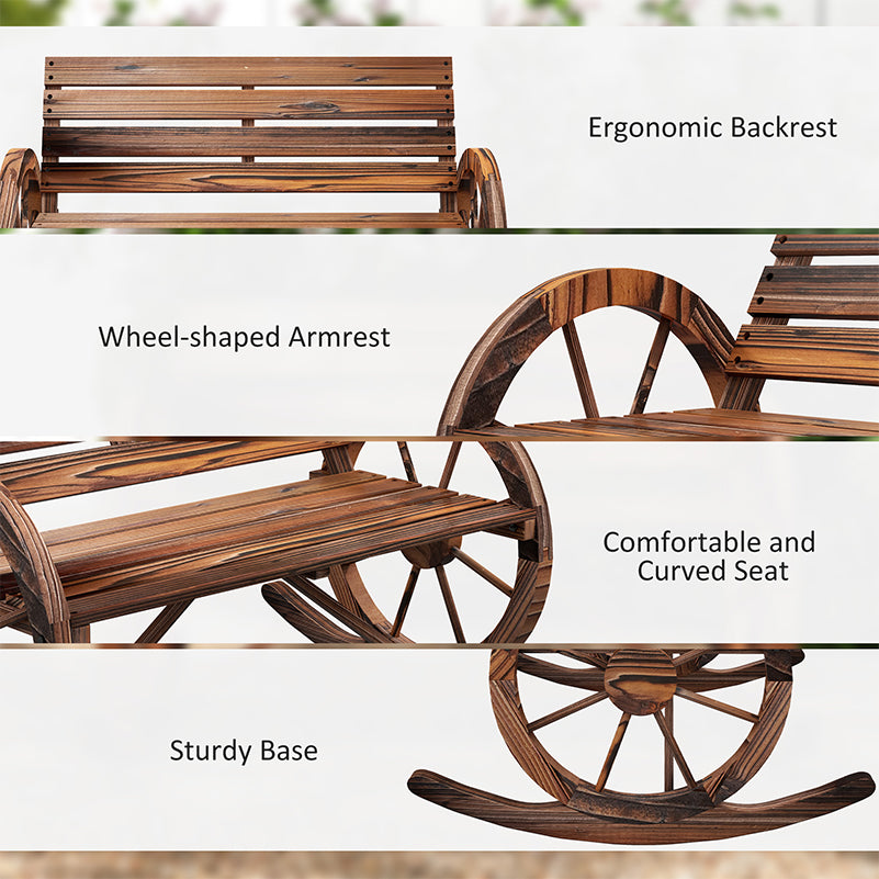 Rocking Outdoor Bench, Wood Outdoor Loveseat with Wagon Wheel Armrests, Carbonized