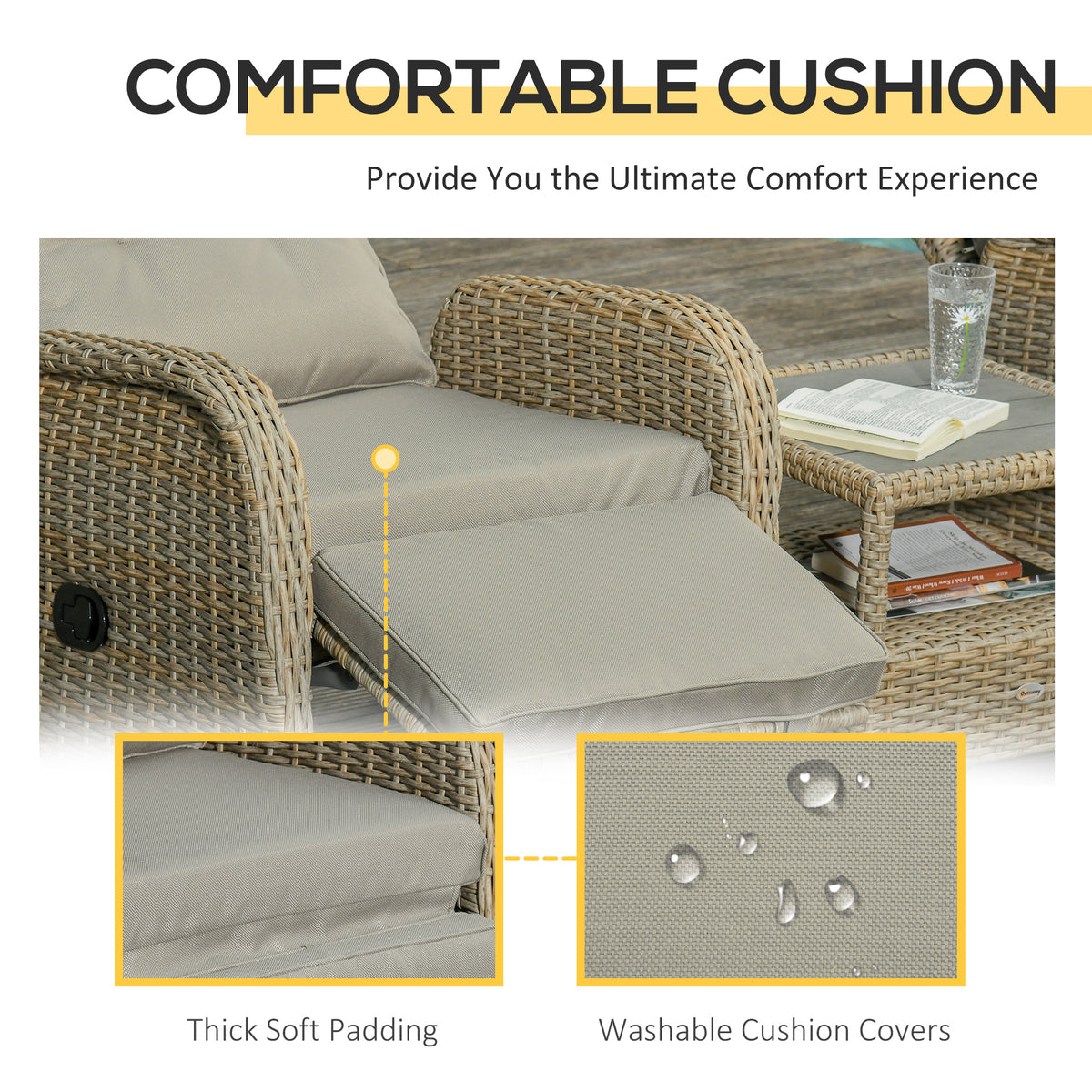3 Pieces Patio Wicker Bistro Set, PE Rattan Coffee Table & Adjustable Recline Chairs Furniture Set – view 11