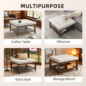 Ottoman Coffee Table, 32 Inch Square Footrest Ottoman with Storage, Linen Upholstered Tufted Footstool, Beige