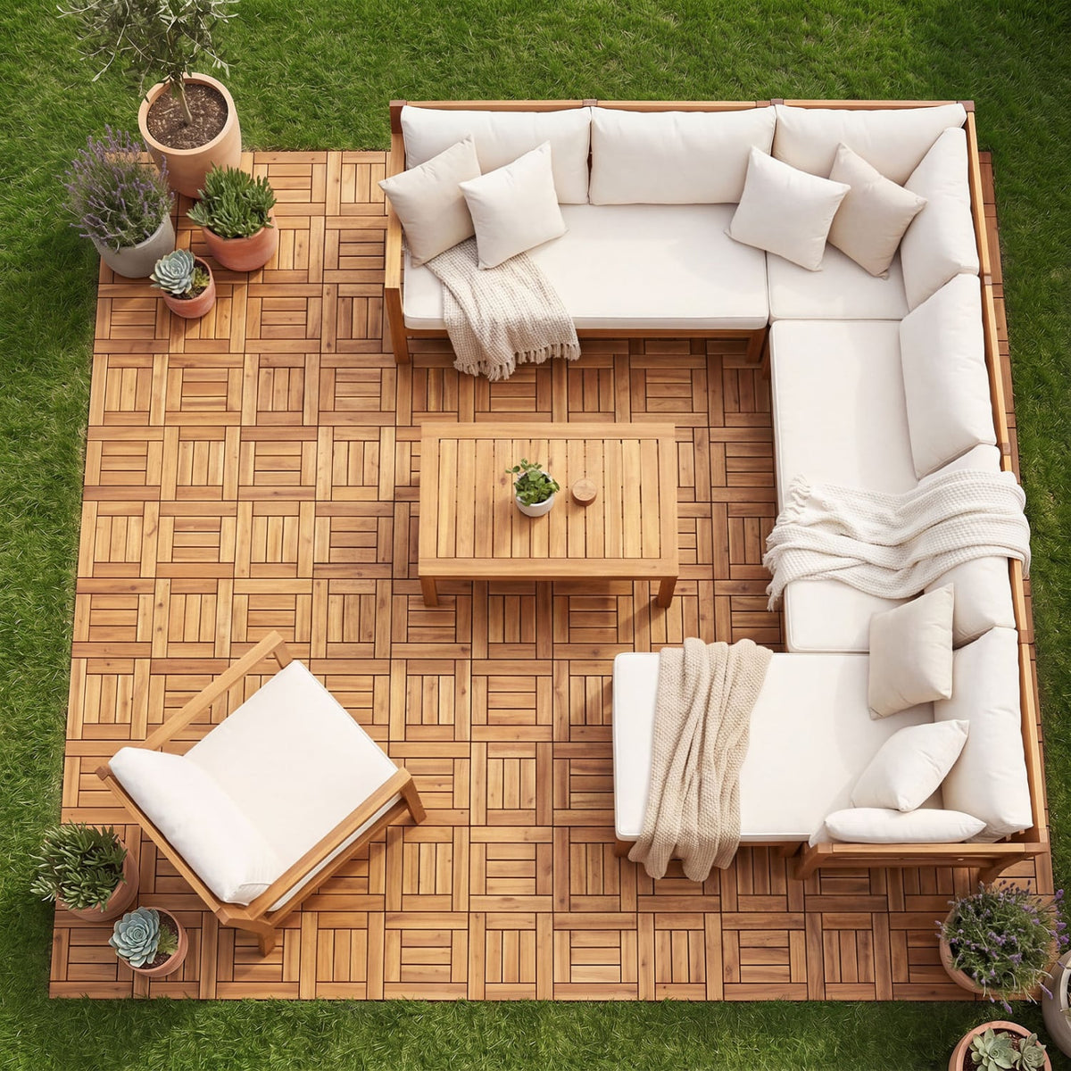 Acacia Wood Interlocking Deck Tiles for Patio Balcony Backyard Porch Poolside-Natural view 3