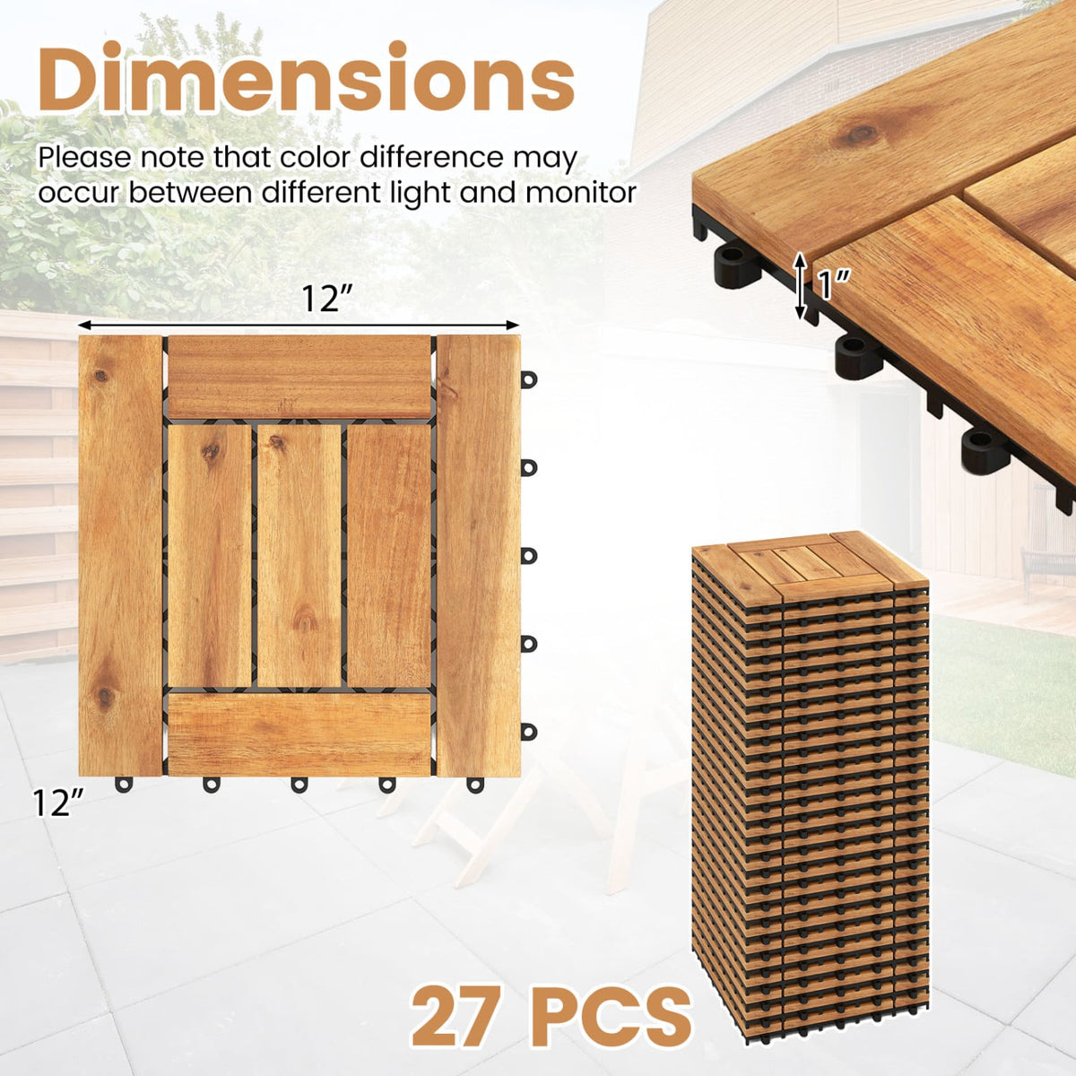 Acacia Wood Interlocking Deck Tiles for Patio Balcony Backyard Porch Poolside-Natural view 5