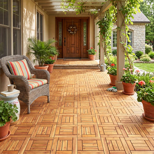 Acacia Wood Interlocking Deck Tiles for Patio Balcony Backyard Porch Poolside-Natural view 6