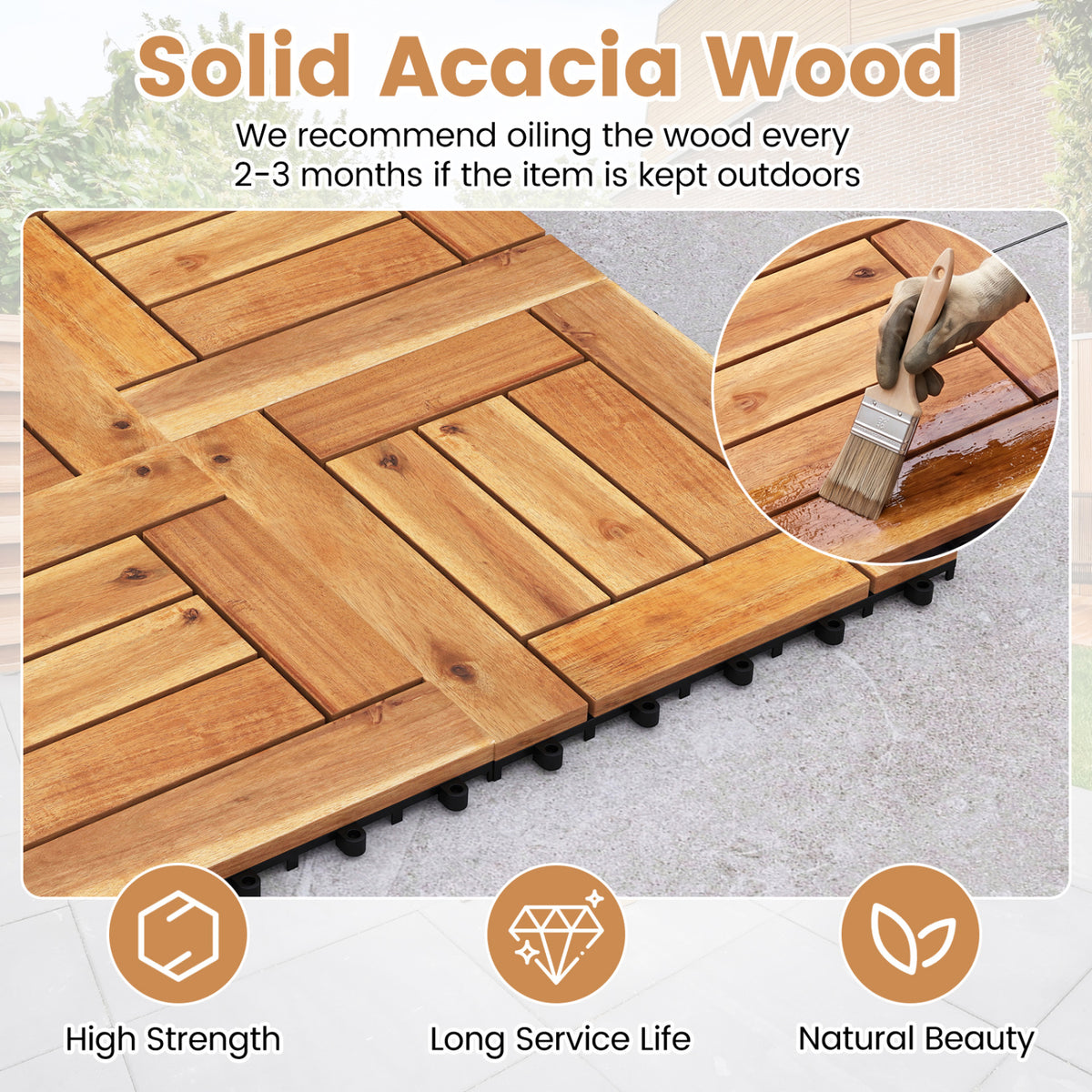 Acacia Wood Interlocking Deck Tiles for Patio Balcony Backyard Porch Poolside-Natural view 7