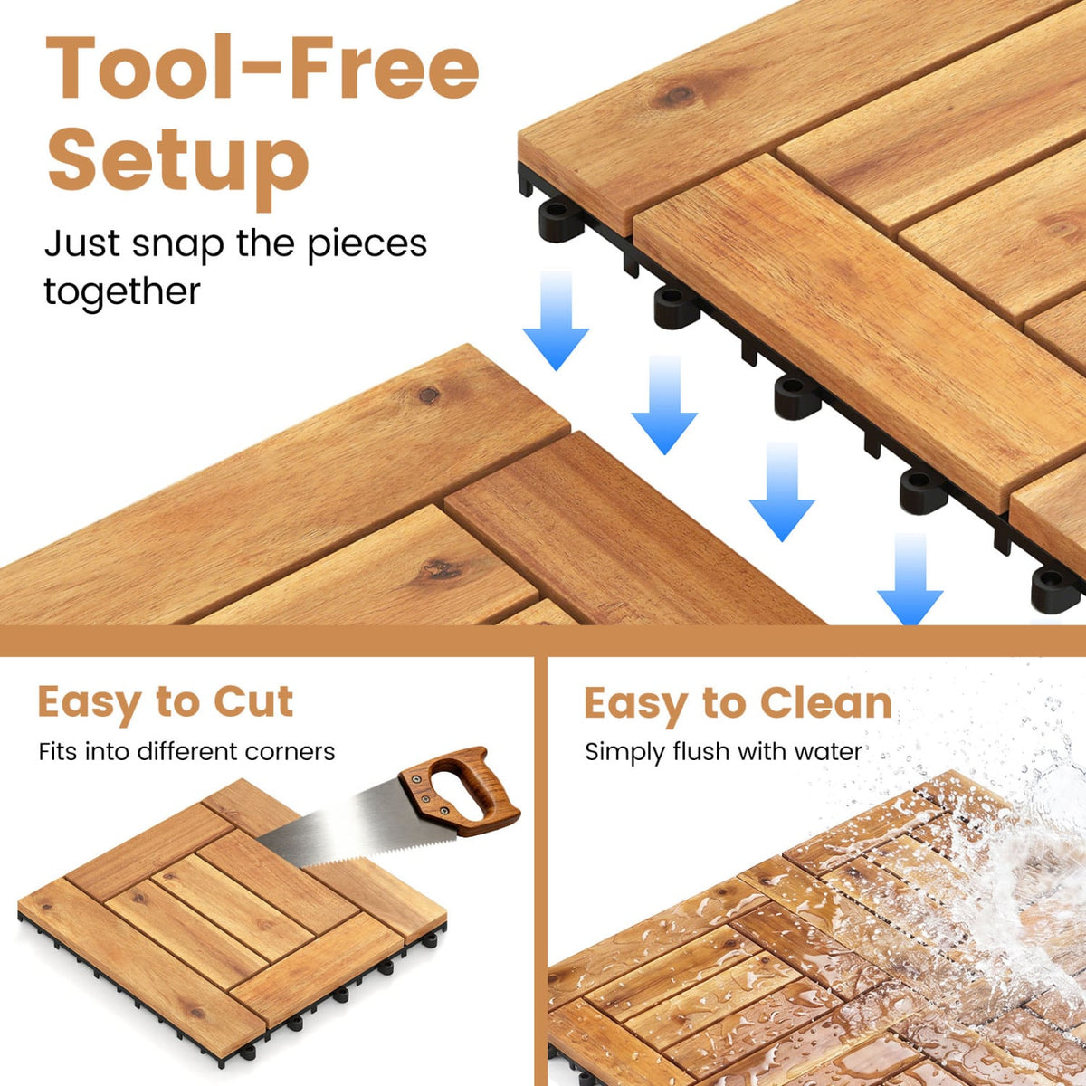 Acacia Wood Interlocking Deck Tiles for Patio Balcony Backyard Porch Poolside-Natural view 8