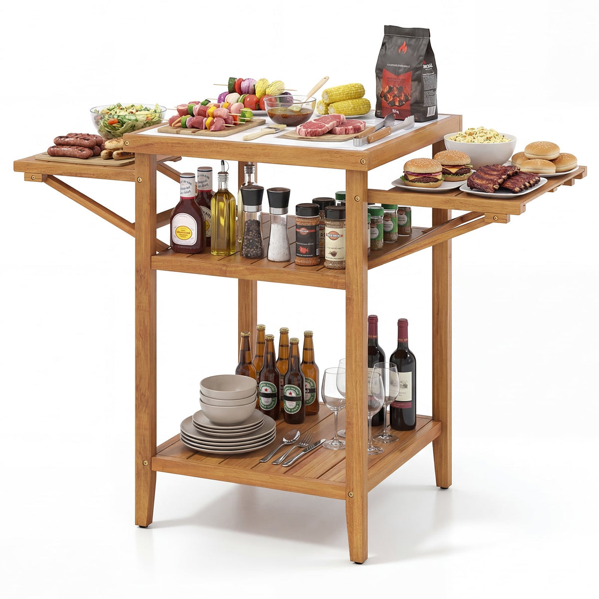 Acacia Wood Outdoor Grill Table with Faux Marble Top and Drop-Leaf Side Panels view 4
