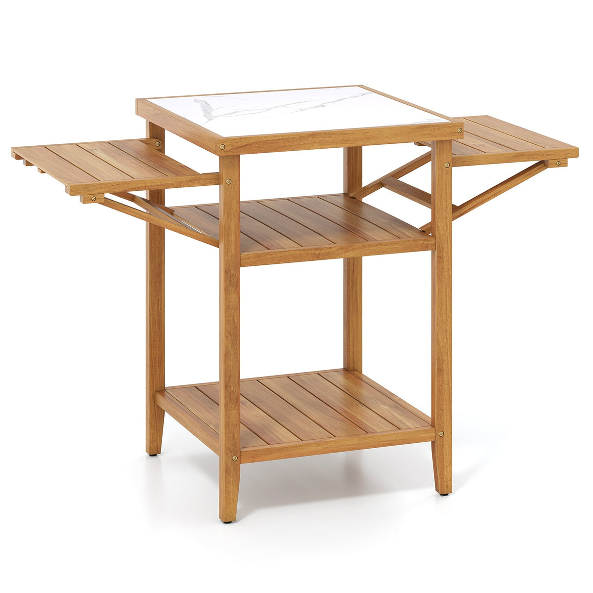 Acacia Wood Outdoor Grill Table with Faux Marble Top and Drop-Leaf Side Panels