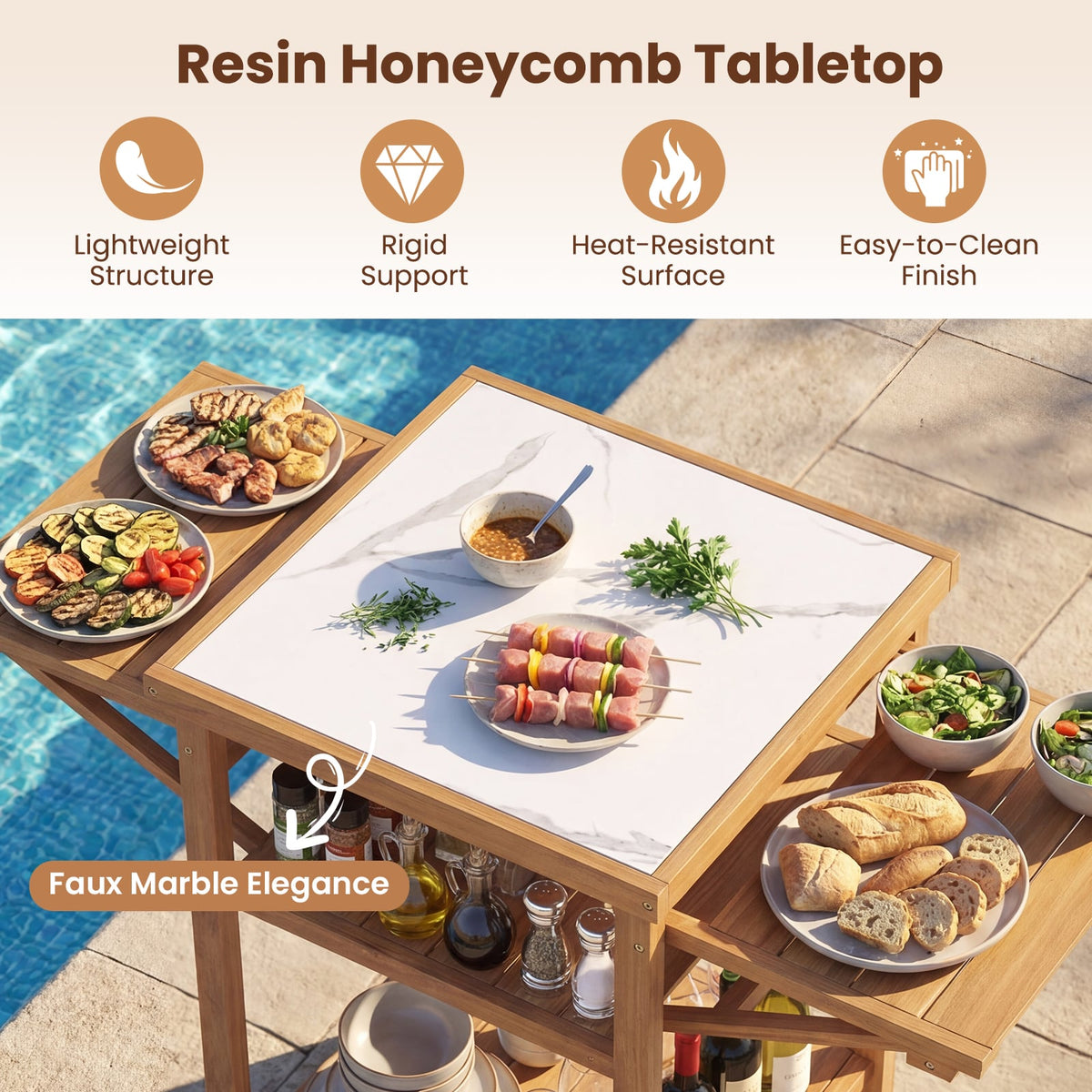 Acacia Wood Outdoor Grill Table with Faux Marble Top and Drop-Leaf Side Panels view 7