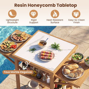 Acacia Wood Outdoor Grill Table with Faux Marble Top and Drop-Leaf Side Panels view 7