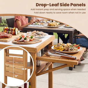 Acacia Wood Outdoor Grill Table with Faux Marble Top and Drop-Leaf Side Panels view 9