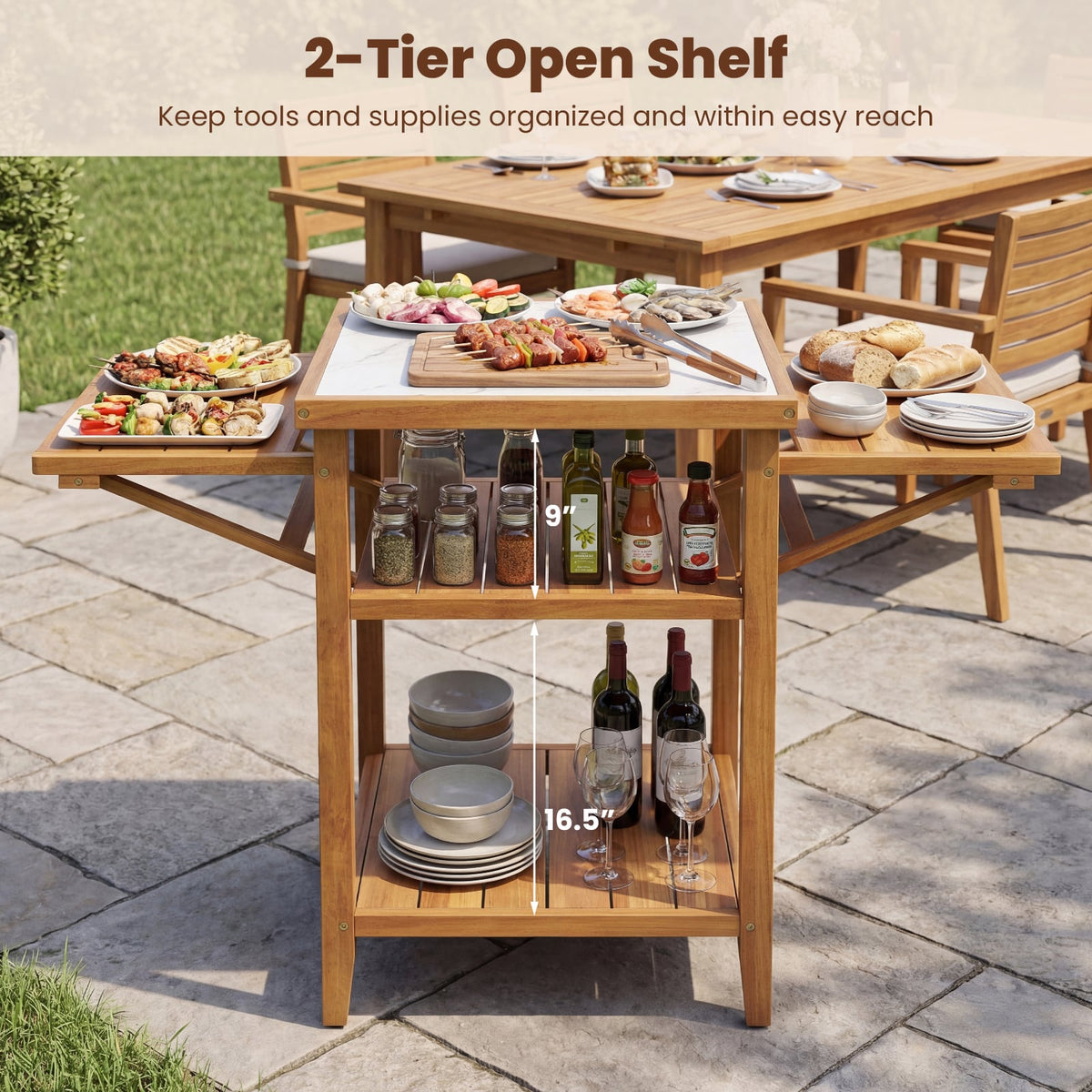 Acacia Wood Outdoor Grill Table with Faux Marble Top and Drop-Leaf Side Panels view 8